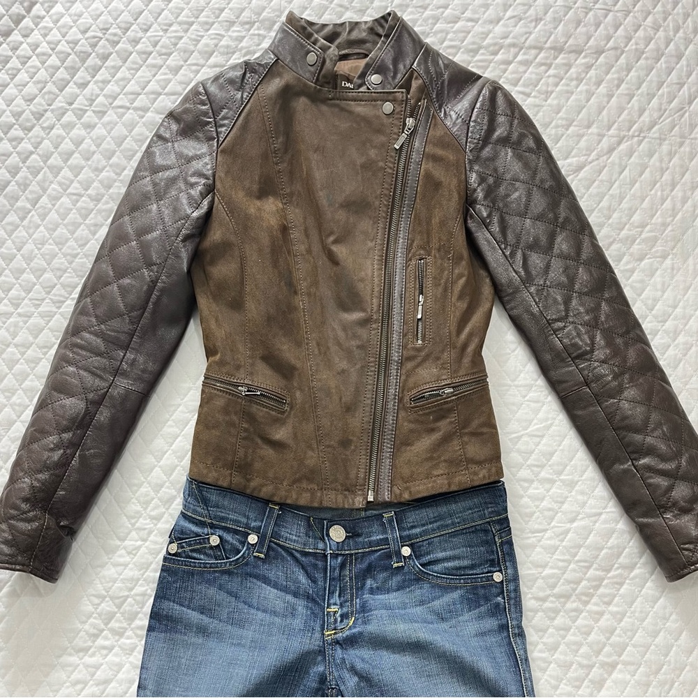 Danier Genuine Leather Two-Tone Jacket with Quilted Sleeves•Size 3XS•